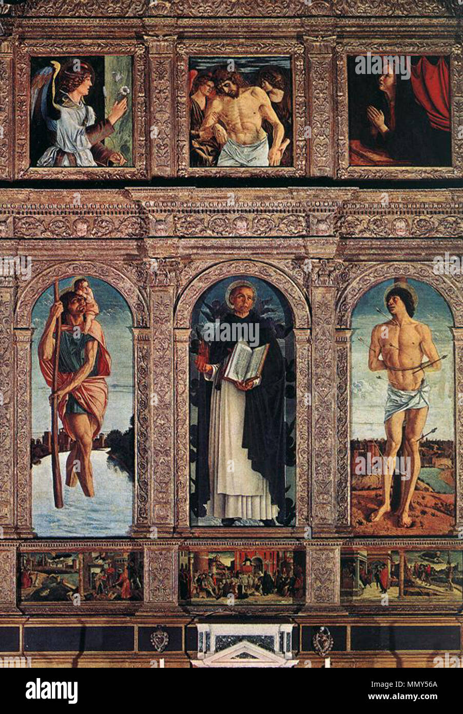 . (Topleft a bottomright) Angelo dell Annunciazione, Gesù, Maria Vergine, San Cristoforo, San Vincenzo Ferreri, San Sebastian inglese: Polittico di San Vincenzo Ferreri (dettaglio) . tra 1464 e 1468. Giovanni Bellini - Polittico di San Vincenzo Ferreri Foto Stock