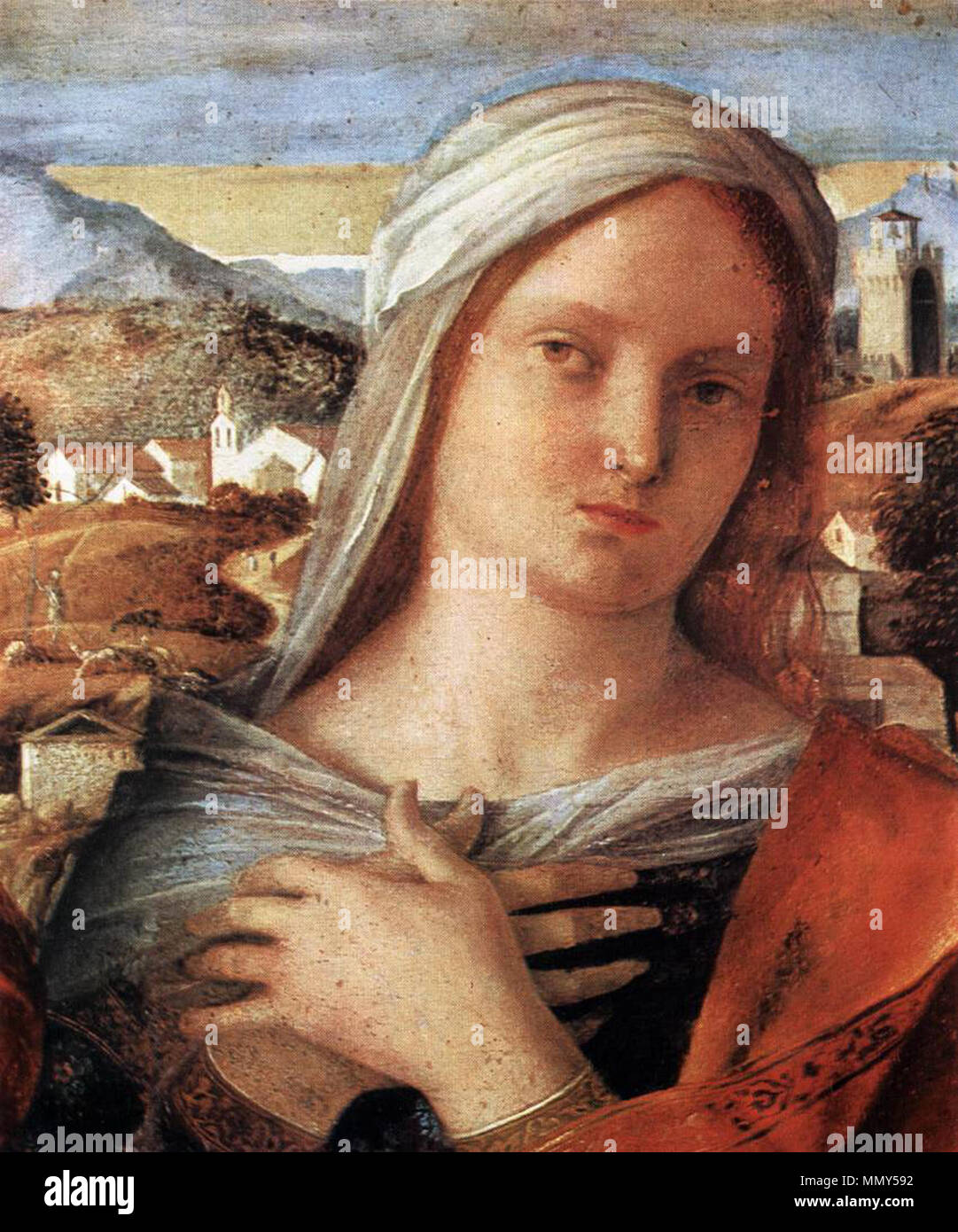 Inglese: Madonna con Bambino e San Giovanni Battista e un santo (dettaglio) . tra 1500 e 1504. Giovanni Bellini, sacra conversazione giovanelli 02 Foto Stock