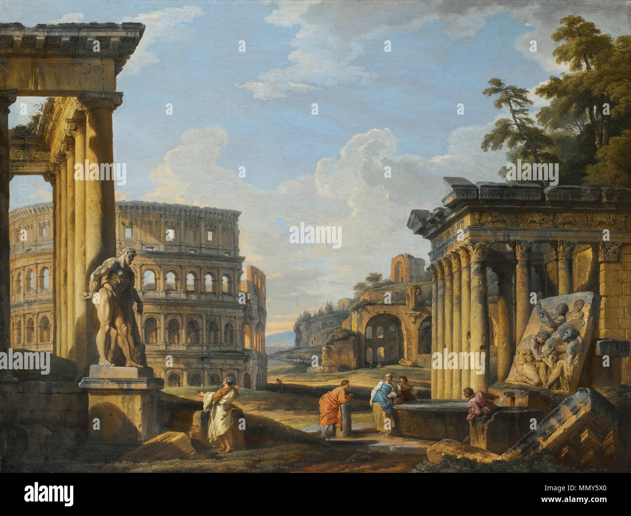 . Il Capriccio di rovine classiche con il Tempio di Antonino e Faustina, il Colosseo, la Basilica di Massenzio e il Tempio di Venere e Roma, un uomo ammirando l'Ercole Farnese mentre altri conversare con lavandaie vicino a scolpita in rilievo di un sacrificio in primo piano il Capriccio di rovine classiche con il Tempio di Antonino e Faustina, il Colosseo, la Basilica di Massenzio e il Tempio di Venere e Roma, un uomo ammirando l'Ercole Farnese mentre altri conversare con lavandaie vicino a GIOVANNI PAOLO PANINI PIACENZA 1691 - 1765 Roma capriccio di rovine classiche Foto Stock