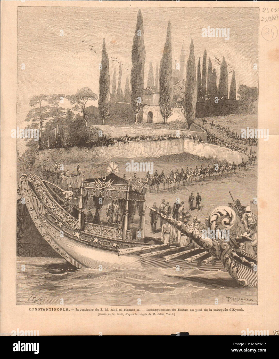 . Inglese: Abdulhamid arriva in Eyoup . 1876. M.Scott, M. Viaud Girding la spada nella moschea Eyub per Nuovo Sultano Abdulhamid II, 1876 Foto Stock