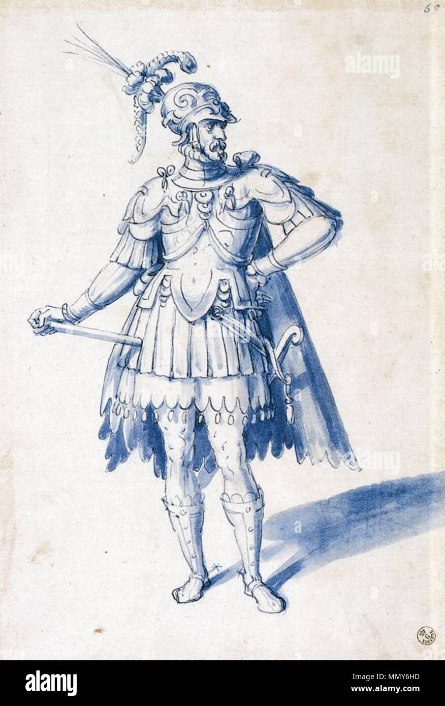 Disegno del costume per uomo d armi. 1585. Giuseppe Arcimboldo - disegno di costumi per uomo-at-arms - WGA00904 Foto Stock
