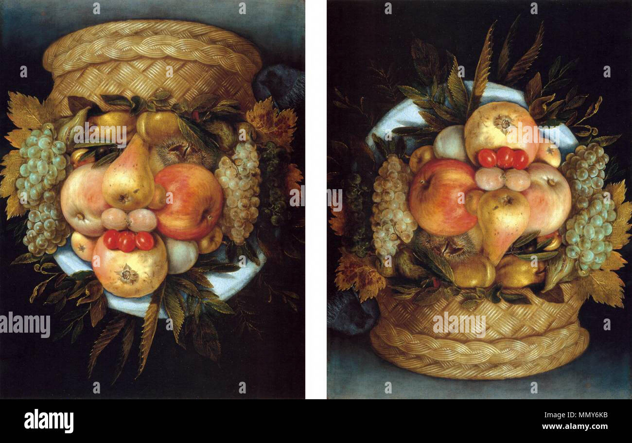 Testa reversibile con canestro di frutta. circa 1590. Giuseppe Arcimboldo - testa reversibile con canestro di frutta - WGA00843 Foto Stock
