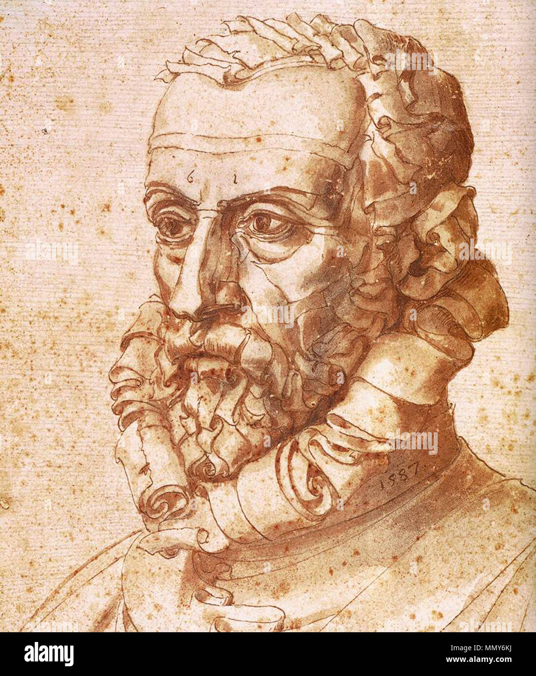 . Dettaglio Self-portrait su carta. 1587. Giuseppe Arcimboldo - Autoritratto su carta (dettaglio) - WGA00929 Foto Stock