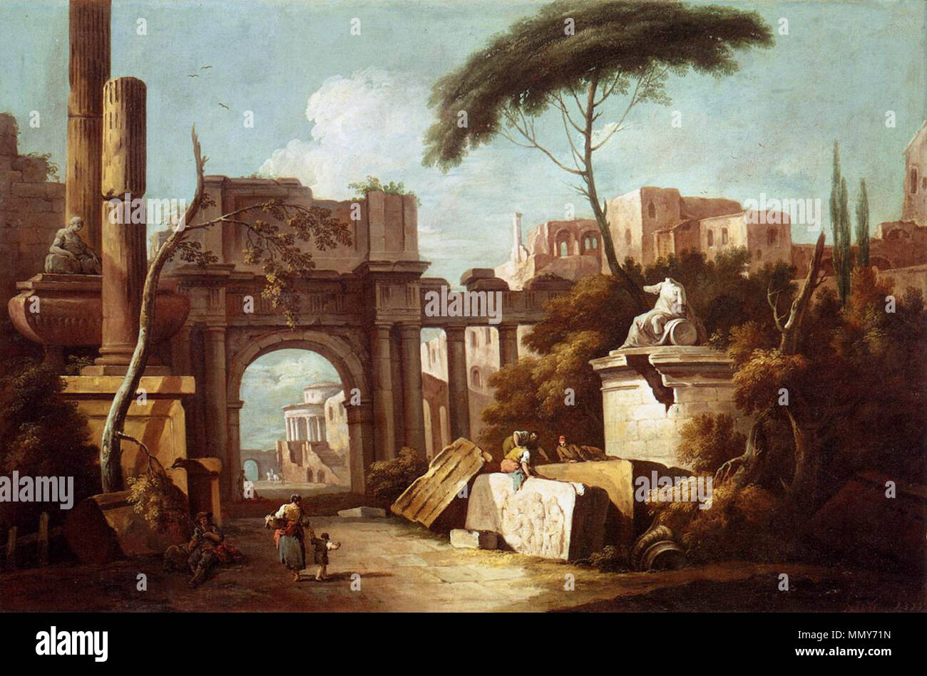 Antiche rovine con un grande arco e una colonna. Tra il 1735 e il 1740. Giuseppe Zais - Antiche rovine con un grande arco e una colonna - WGA25938 Foto Stock