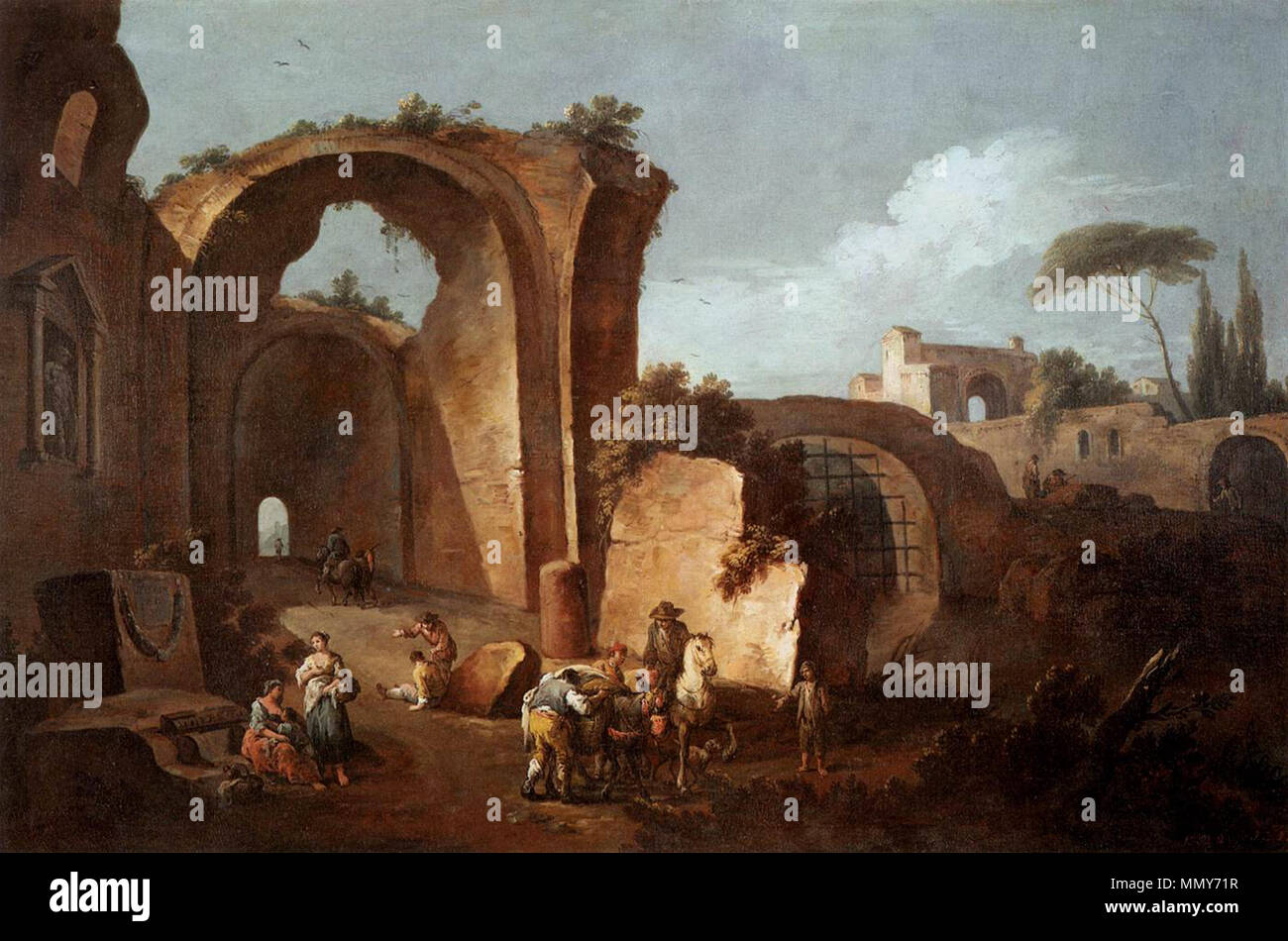 Paesaggio con rovine e arco. 1730. Giuseppe Zais - Paesaggio con rovine e arco - WGA25939 Foto Stock