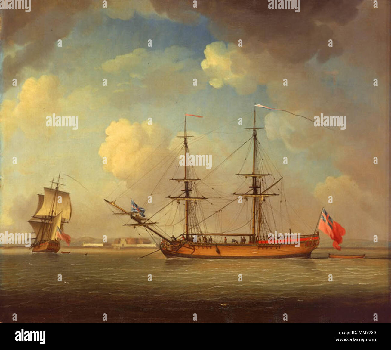 . Inglese: questa nave ritratto mostra la nave in due posizioni, porta-fiancata e port-quarto nella distanza. Essa è chiamata una neve piuttosto che un brig, perché la sua gaff-vela è allacciato ad un po' di jigger-montante che è a gradini a poppa dell'albero maestro. Con il suo jack e la messa in funzione, pendente ella è chiaramente naval, presumibilmente un trasporto o recipiente di alimentazione hanno acquistato o noleggiato dalla Marina Militare, ma non una nave da combattimento. Lo sfondo sembra essere Tilbury Fort, opposta Gravesend nel Tamigi. . 1759. Charles Brooking (1723-1759) Descrizione inglese pittore marino Data di nascita e morte circa 1723 1759 Lo Foto Stock