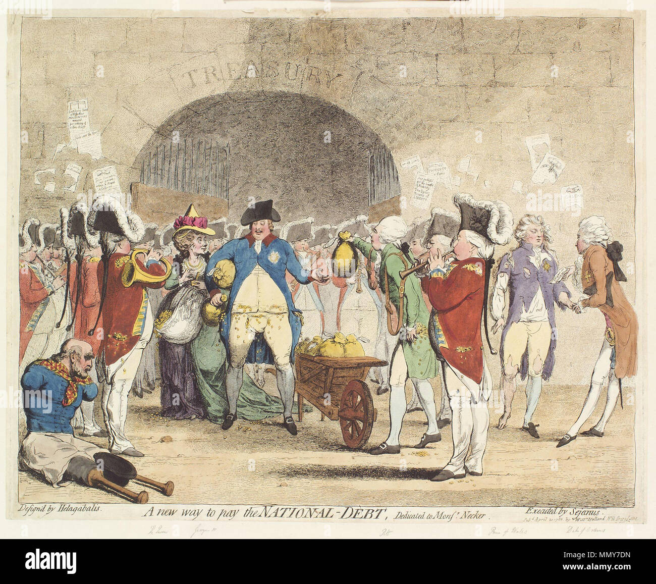 . Inglese: un nuovo modo di pagare la nazionale-debito / design'd da Helagabalis ; eseguito da Sejanus. Sommario: Cartoon mostra il re George III e Queen Charlotte in piedi davanti al tesoro, moneybags sotto le braccia, le loro tasche traboccanti e traboccante di monete (i fondi del tesoro a coprire i debiti reale), William Pitt, le sue tasche piene di monete, mani il re un altro moneybag presi da una carriola traboccante; il Principe di Galles, George IV, sorge a destra guardando i bisognosi; un quadriplegic siede sulla terra a sinistra con un rovesciato e vuoto hat tra gli stub della sua gamba Foto Stock