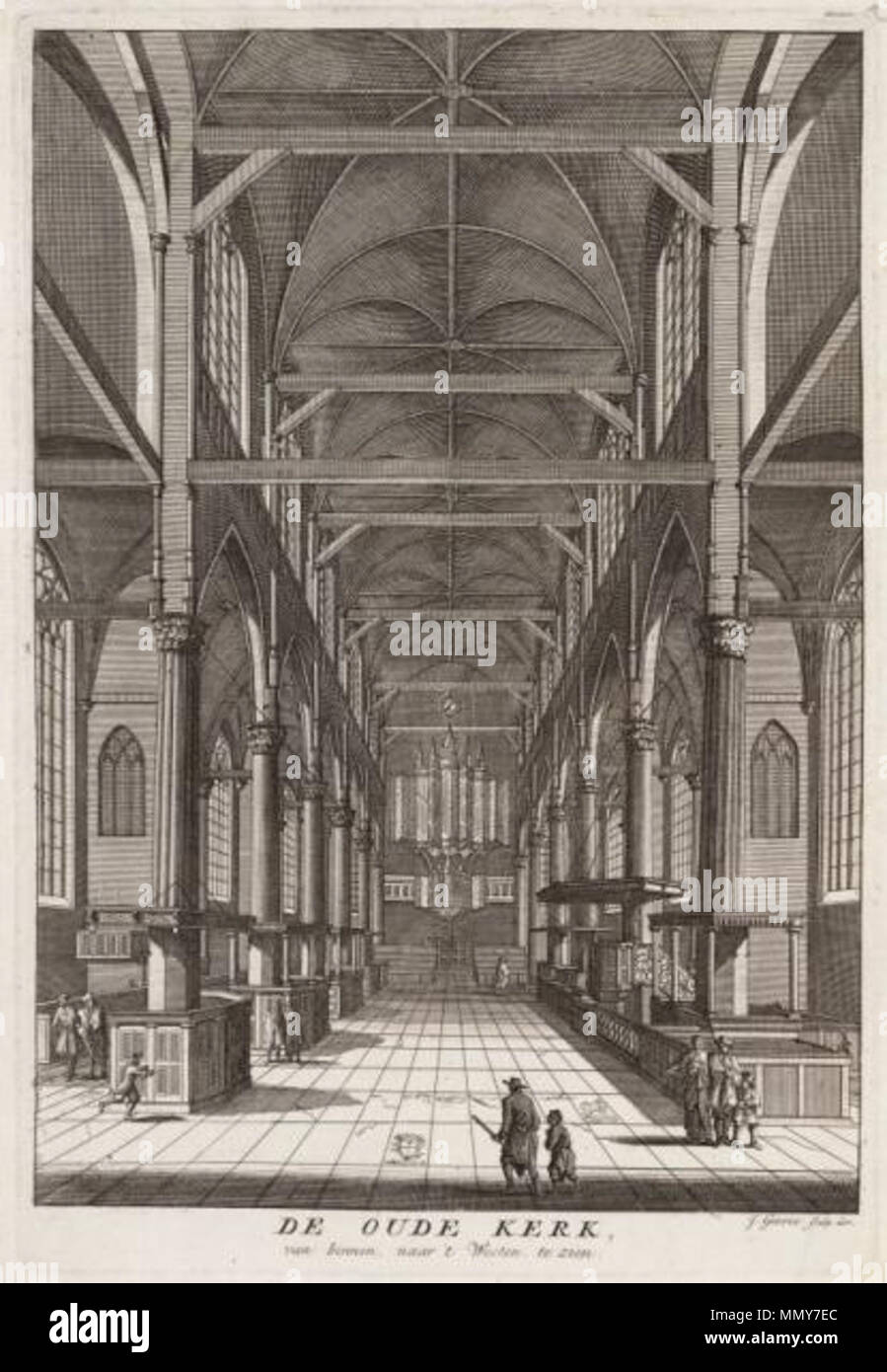 . Inglese: Incisione di Jan Goeree (1670-1731) dell'interno della Oude Kerk di Amsterdam a circa 1700 che mostra l'organo principale di Niehoff/Van Keulen/Jansz che è stato svolto da Sweelinck. Deutsch: Der Stich von Jan Goeree (1670-1731) zeigt das Innere der Oude Kerk di Amsterdam ca. 1700 mit der Hauptorgel von Niehoff/Van Keulen/Jansz, die von Sweelinck gespielt wurde. . Circa 1700. Jan Goeree Goeree Oude Kerk Amsterdam interno Foto Stock
