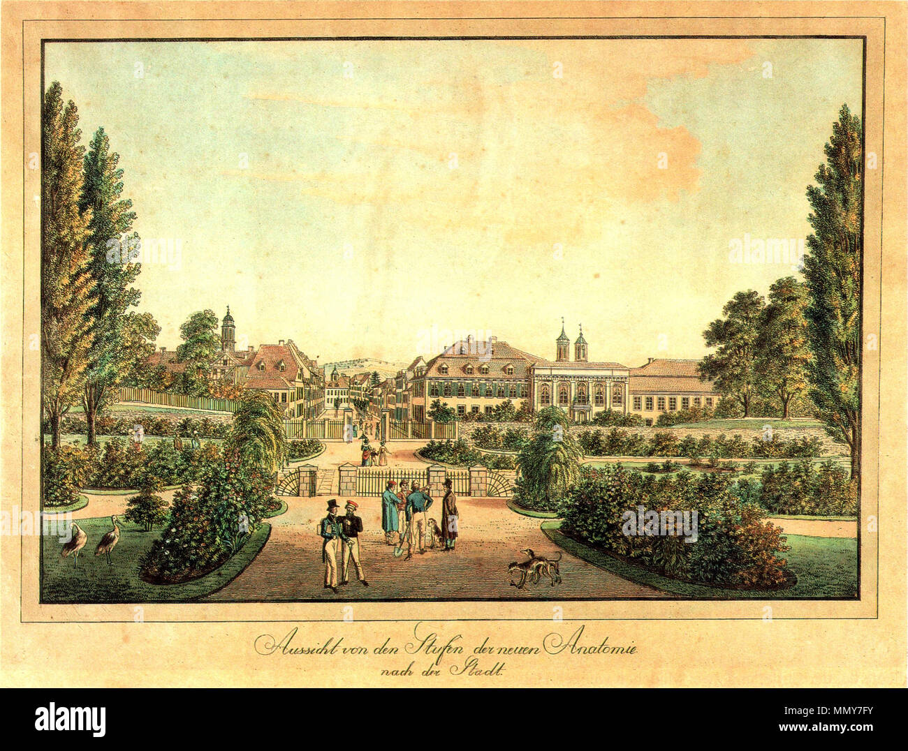 . Deutsch: Aussicht von den Stufen der Neuen Anatomie nach der Stadt. Blick von Westen (heutige Berliner Straße) auf das erst 1827-29 angelegte Alleetor und die Allee (heute Goetheallee) di Göttingen. Hinter dem Tor rechts das Chirurgische Ospedale (Geiststraße). Die in der Bildunterschrift erwähnte Anatomie wurde im 2. Weltkrieg zerstört. Radierung Kolorierte . circa 1830. Friedrich Besemann (1796-1854) Goettingen Allee 02 Foto Stock