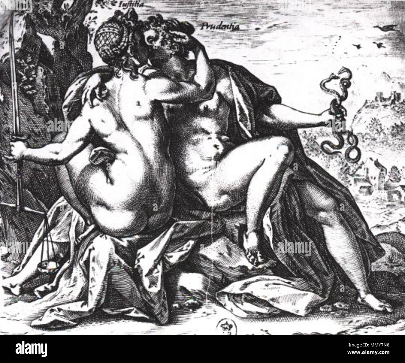 . Giustizia e prudenza baciate [dalla serie del regno virtù]. incisione. . Hendrik Goltzius (1558-1617) nomi alternativi Hendrick Goltius, Hendrick Goltz, Hendrick Golzius, Hendrick van Bracht, Hendricus Goltzius, Henricus Goltzius, Hendrick Gols, Hendrik Gols, Hendrik Goltz, Hendrik Goltius, Henrik Golzius Descrizione incisore olandese, pittore, disegnatore e publisher Data di nascita e morte Febbraio 1558 1 gennaio 1617 Luogo di nascita e morte Bracht, Brüggen Haarlem periodo di lavoro 1577-1617 posizione Lavoro Duisburg (1561) di Haarlem (1577-1590), Italia (1590-1591), Haarlem Foto Stock