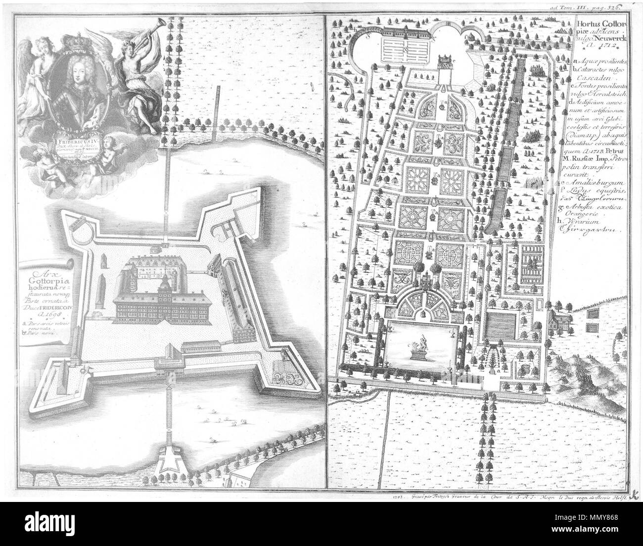 . Incisione su rame di Schloss Gottorf e il Neuwerkgarten. L'ala sud del castello è troppo bassa, il raggruppamento delle finestre e la grande sporgenza del tetto non sono riprodotte esattamente. Pubblicato da Ernst Joachim von Westphalen in 'Monumenta inedita rerum Germanicarum praecipue Cimbricarium", Vol. 3, Lipsia 1743 . 1743. Christian Fritzsch (1695-1769) nomi alternativi Christian Fritsch, Christianus Fritschius Descrizione tedesco incisore di rame Data di nascita e morte 3 aprile 1695 28 Settembre 1769 Luogo di nascita e morte in Sassonia Schiffbek competente controllo : Q1079750 VIAF:?121728954 Foto Stock