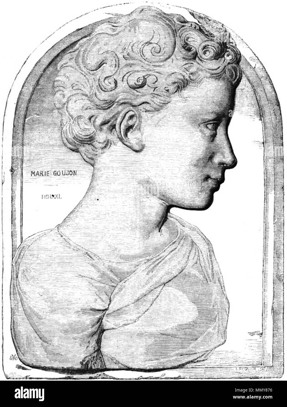 . 'Musée de la Renaissance, au Louvre. - Bassorilievi attribué à Jean Goujon. - Dessin de Mettay." . 1863. Regnier dopo Mettay. Goujon, Marie Foto Stock