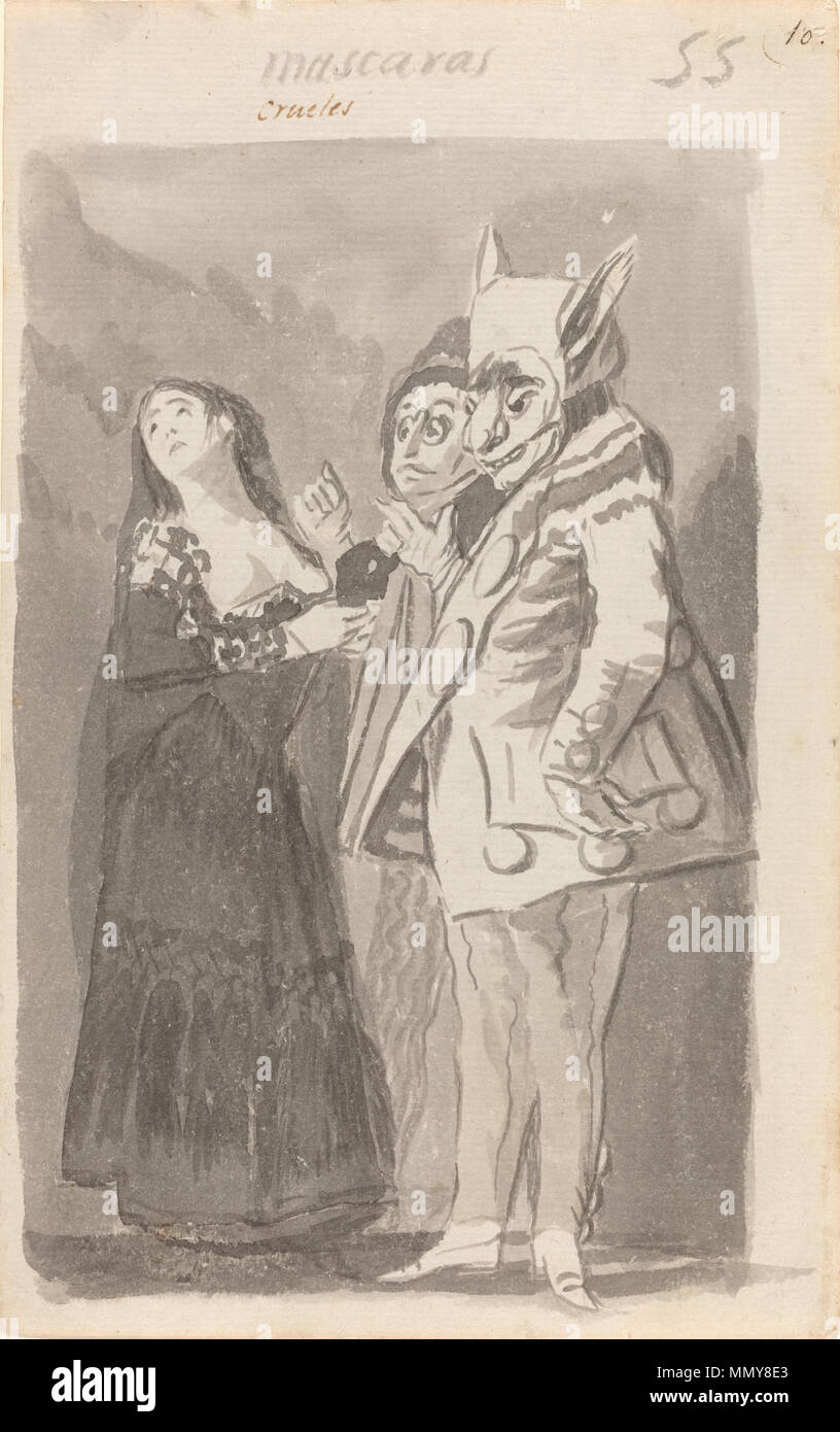 Disegno; Pennello e inchiostro nero e grigio a lavare con raschiatura sulla carta vergata; complessivo: 23,7 x 15 cm (9 5/16 x 5 7/8 in.); Goya - Mascara crueles (crudele maschere) recto Foto Stock