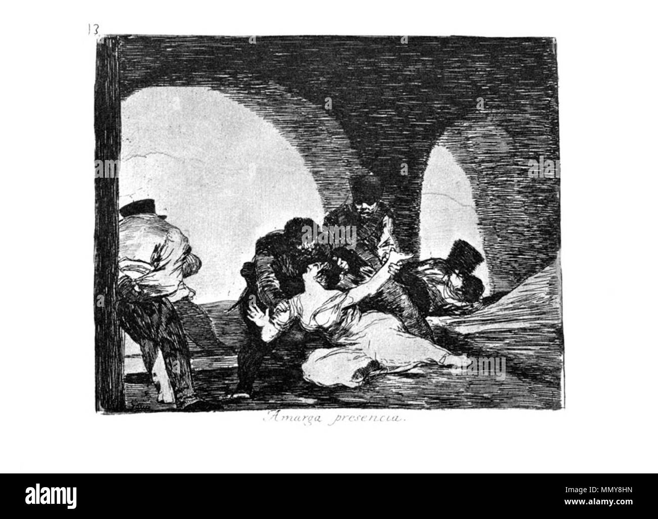 . Los Desatres de la guerra è un set di 80 acquatinta stampe creato da Francisco Goya in 1810s. Piastra 13: Amarga presencia. (Amaro presenza. ) . 1810s. Francisco Goya (1746-1828) nomi alternativi Francisco Goya Lucientes, Francisco de Goya y Lucientes, Francisco José Goya Lucientes Descrizione pittore spagnolo, printmaker, litografo, incisore ed incisore Data di nascita e morte 30 Marzo 1746 16 aprile 1828 Luogo di nascita e morte Fuendetodos Bordeaux posizione Lavoro Madrid, Saragozza, Bordeaux competente controllo : Q5432 VIAF:?ISNI 54343141:?0000 0001 2280 1608 ULAN:?LCCN 500118936: Foto Stock