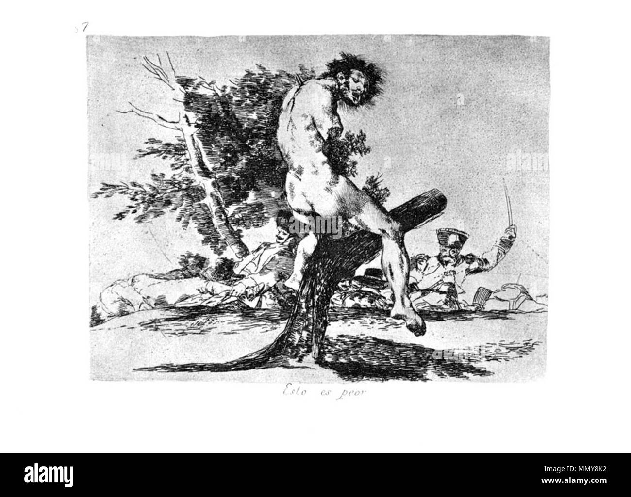 . Los Desatres de la guerra è un set di 80 acquatinta stampe creato da Francisco Goya in 1810s. La piastra 37: esto es peor. (Questo è peggio. ) . 1810s. Francisco Goya (1746-1828) nomi alternativi Francisco Goya Lucientes, Francisco de Goya y Lucientes, Francisco José Goya Lucientes Descrizione pittore spagnolo, printmaker, litografo, incisore ed incisore Data di nascita e morte 30 Marzo 1746 16 aprile 1828 Luogo di nascita e morte Fuendetodos Bordeaux posizione Lavoro Madrid, Saragozza, Bordeaux competente controllo : Q5432 VIAF:?ISNI 54343141:?0000 0001 2280 1608 ULAN:?500118936 LCCN:?n7900 Foto Stock