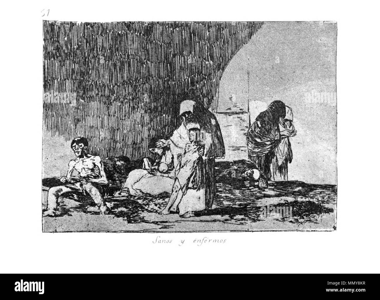 . Los Desatres de la guerra è un set di 80 acquatinta stampe creato da Francisco Goya in 1810s. Piastra 57: Sanos enfermos y. (Il suono e i malati. ) . 1810s. Francisco Goya (1746-1828) nomi alternativi Francisco Goya Lucientes, Francisco de Goya y Lucientes, Francisco José Goya Lucientes Descrizione pittore spagnolo, printmaker, litografo, incisore ed incisore Data di nascita e morte 30 Marzo 1746 16 aprile 1828 Luogo di nascita e morte Fuendetodos Bordeaux posizione Lavoro Madrid, Saragozza, Bordeaux competente controllo : Q5432 VIAF:?ISNI 54343141:?0000 0001 2280 1608 ULAN:?50011893 Foto Stock