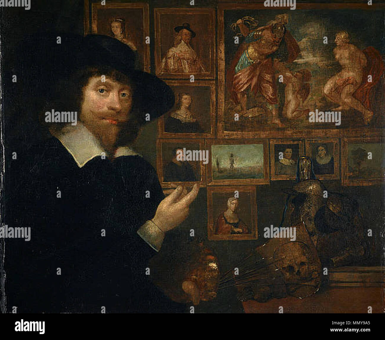 . "Jamesone di Self-portrait riflette il suo successo professionale e lo stato. Egli mantiene la sua tavolozza e pennelli mentre sta puntando a dipinti, principalmente ritratti, sulla parete dietro. Questi includono un paesaggio e paesaggi marini e un grande dipinto mitologico individuato come "il castigo di Cupido". Sebbene Jamesone non è noto per aver dipinto di tali soggetti, essi non sembrano rappresentare il lavoro di un altro artista, e può essere compreso in relazione alla still-life oggetti riportati di seguito. L'Hour Glass, armatura e il cranio simboleggiare la caducità della vita. L implicazione può essere che il pittore (e h Foto Stock