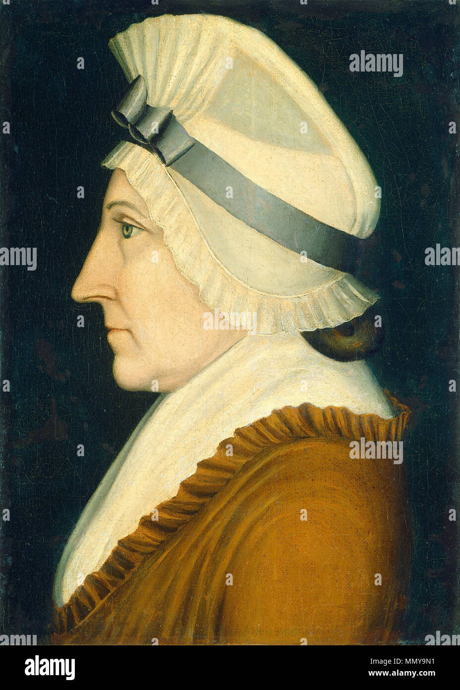 . Signora in una cuffietta pittura; olio su tela; complessivo: 36,5 x 26,7 cm (14 3/8 x 10 1/2 in.) incorniciato: 45,7 x 36,2 x 3,4 cm (18 x 14 1/4 x 1 5/16 in.); Greenleaf cuffietta Foto Stock