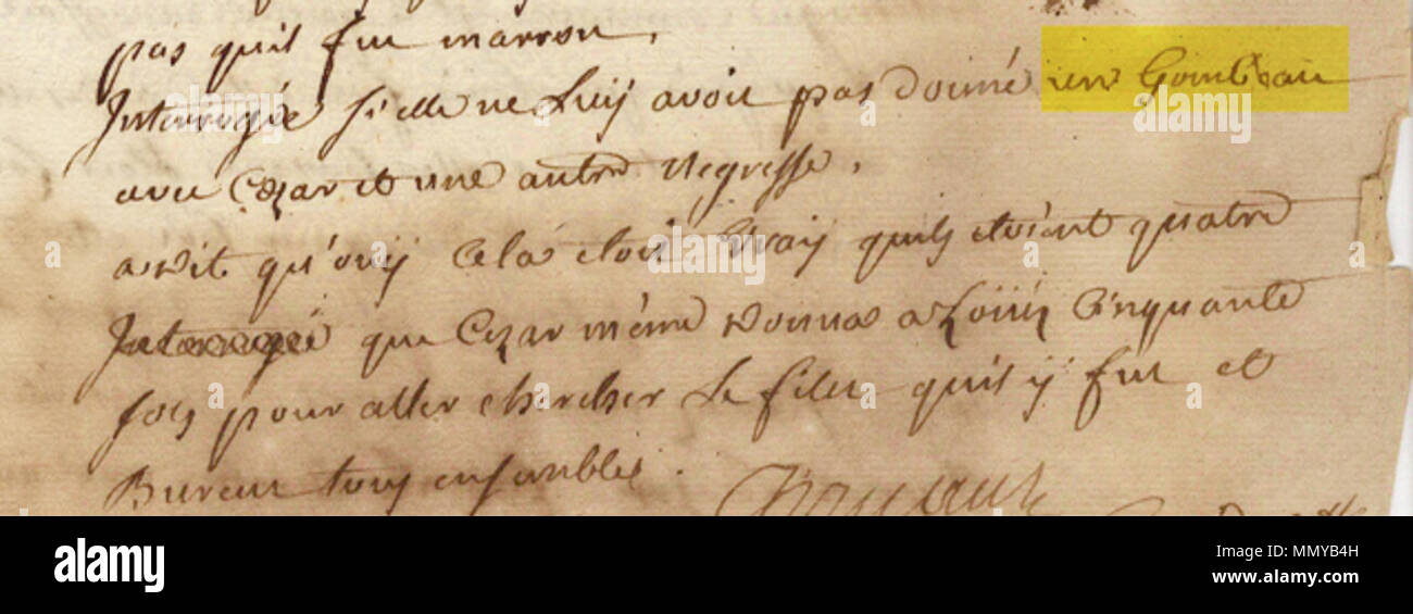 . Inglese: Questa è la prima nota di riferimento all' Gumbo ' e si trova nel record di interrogazione di un slave, New Orleans, settembre 1764. . 1764. Gumbo sconosciuto-1764 Foto Stock