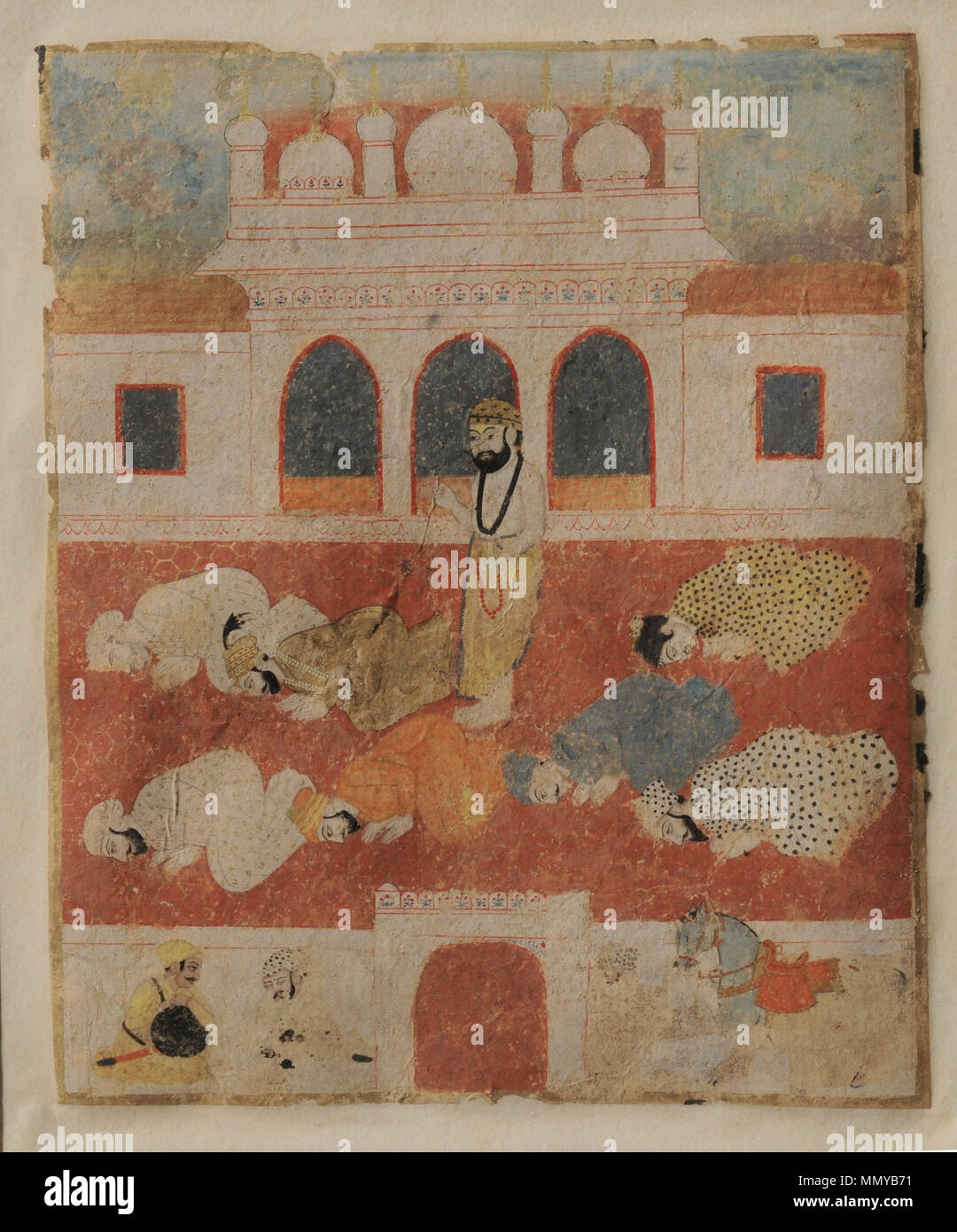 . Inglese: il Guru Nanak Dev ji in piedi in mezzo di devoti - Sconosciuto, dipinto in miniatura, Sikh scuola - Google istituto culturale. Pigmento naturale su carta, 20,8 x 17,4 cm. Il Guru Nanak Dev è in piedi nel mezzo di un cortile aperto di Sultanpur Lodi moschea dove tutti si piega per fare Namaz. Quando il Guru Nanak è stato chiesto perché egli non aveva aderito a loro, egli ha menzionato non vi è alcun punto nel solo eseguendo il rituale come il dominatore è stato il pensiero del suo cavallo acquistato a Kabul e Quazi era preoccupato per il suo vitello appena nato. Il Guru Nanak Dev ji in piedi in mezzo di devoti. Tra il 1825 e il 1875. Il Guru Foto Stock