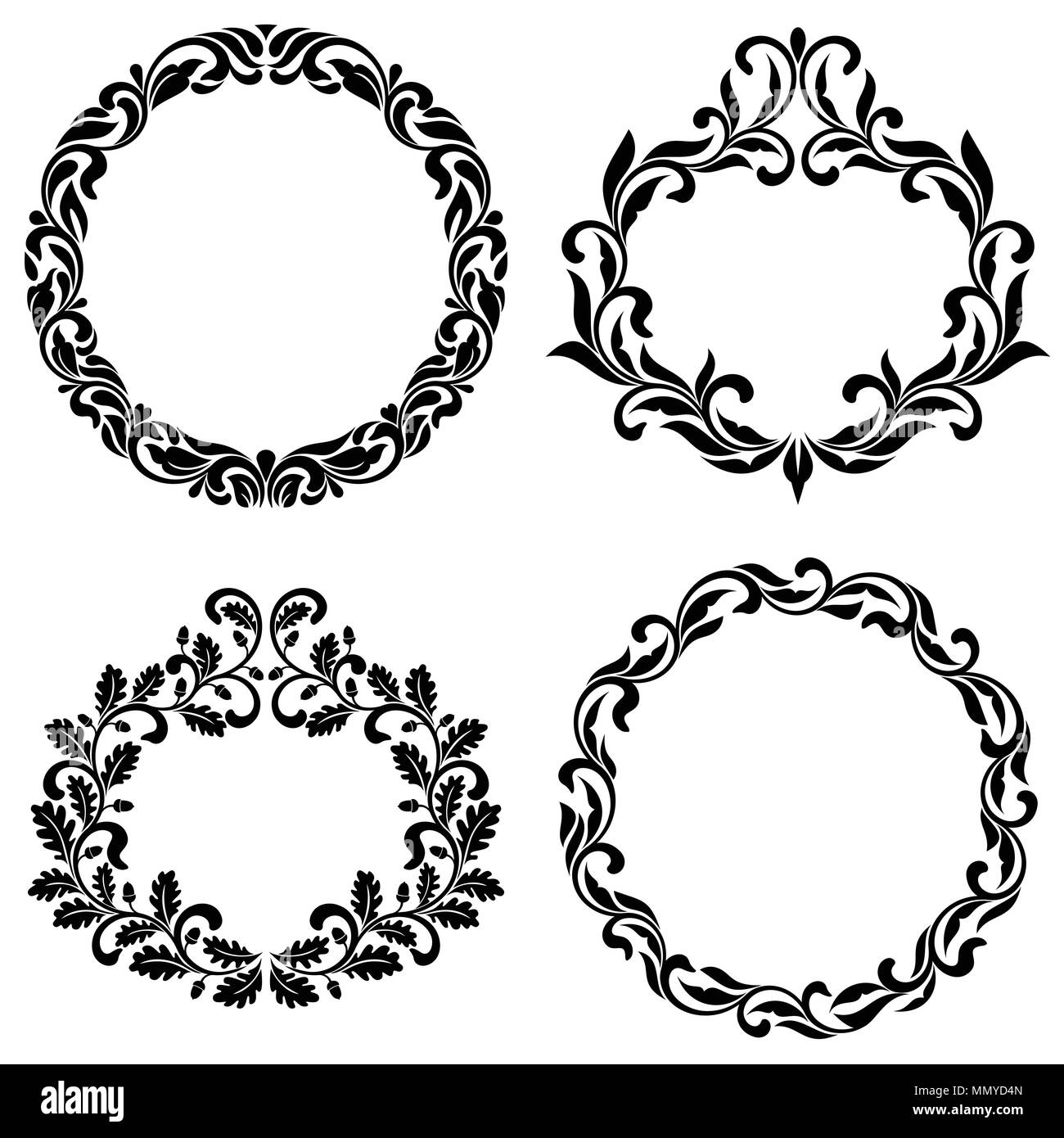 Set di cornici vintage di volute e foglie decorative isolato su uno sfondo bianco. Illustrazione Vettoriale