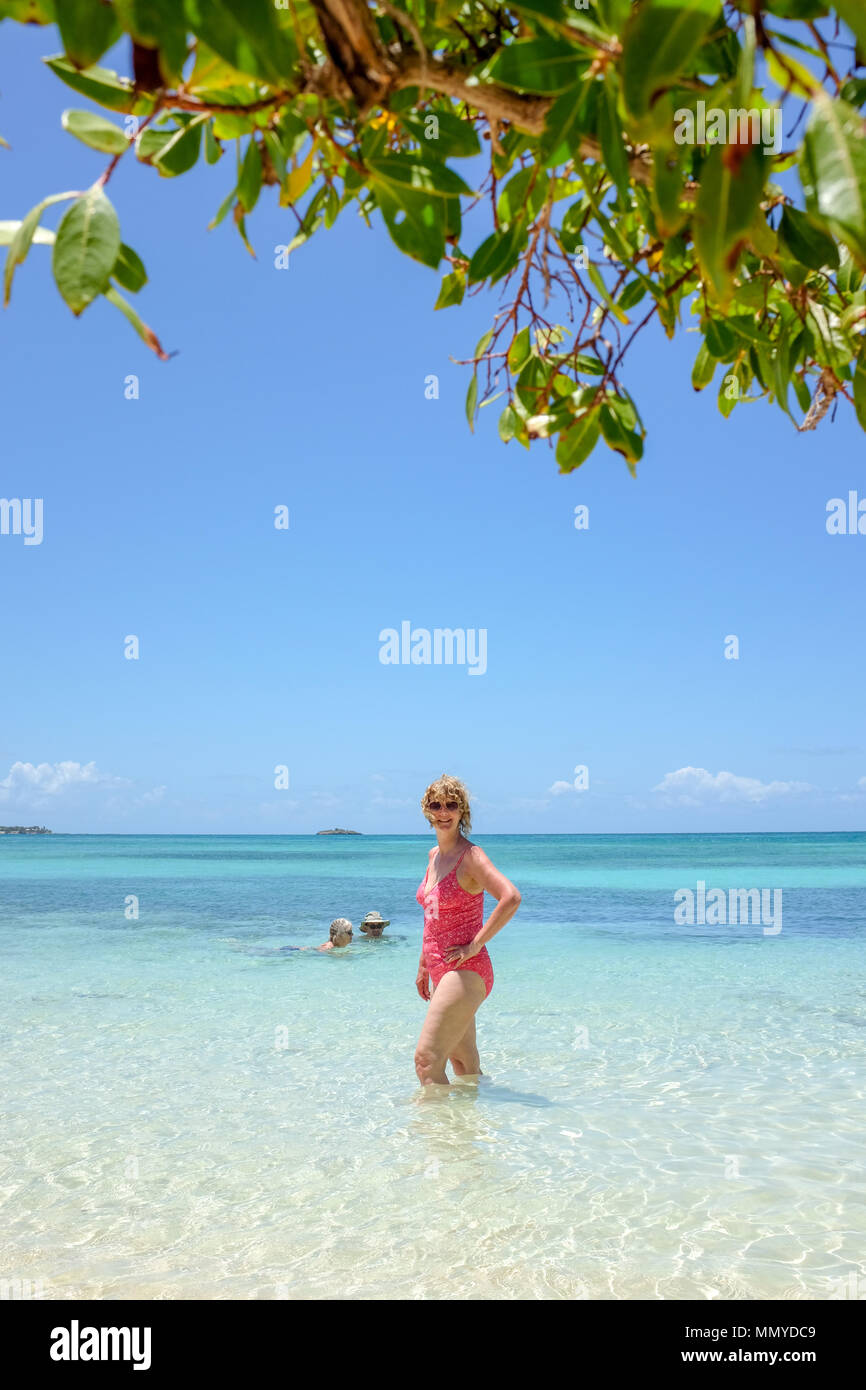 Antigua Piccole Antille isole dei Caraibi West Indies - Donna godendo di beautiful Golden sands beach a grande Bird Island Foto Stock