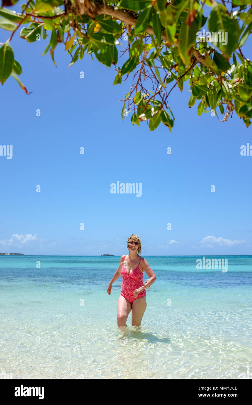 Antigua Piccole Antille isole dei Caraibi West Indies - Donna godendo di beautiful Golden sands beach a grande Bird Island Foto Stock