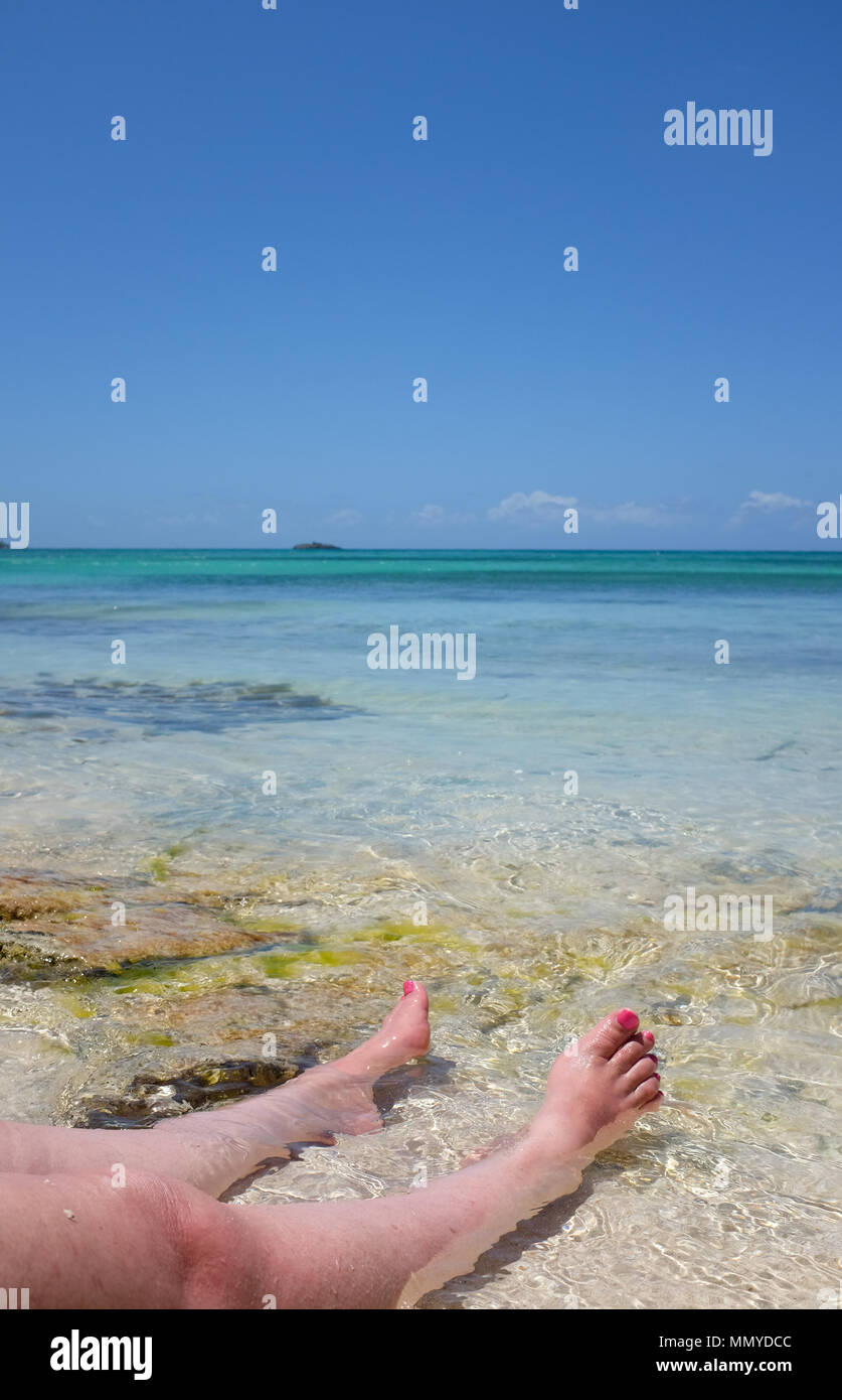 Antigua Piccole Antille isole dei Caraibi West Indies - Donna godendo di beautiful Golden sands beach a grande Bird Island Foto Stock