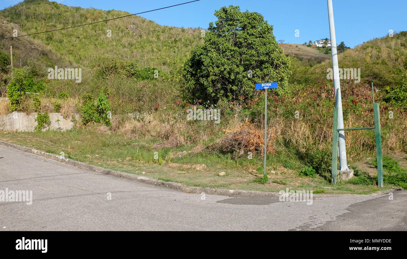 Antigua Piccole Antille isole dei Caraibi West Indies - Bonk guidare un insolito nome strada sull'isola fotografia scattata da Simon Dack Foto Stock