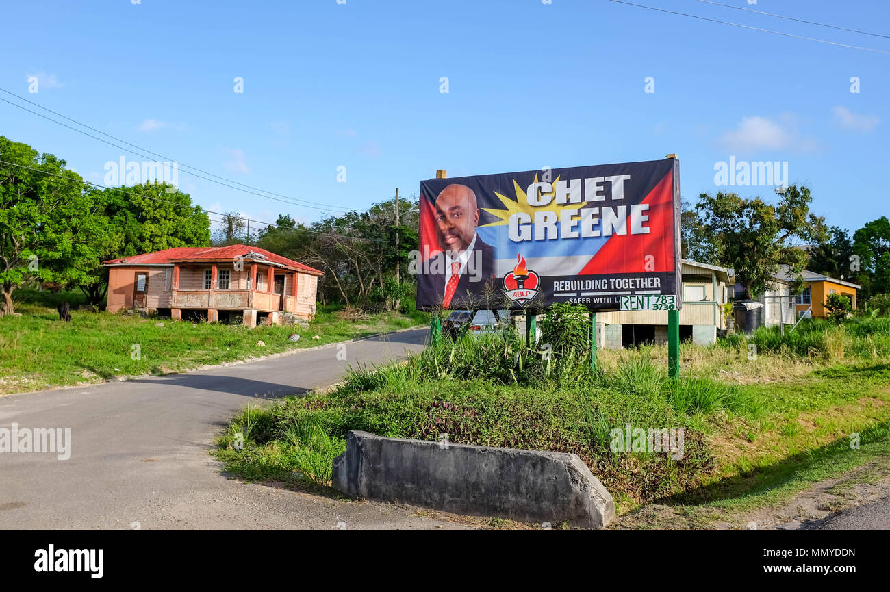 Antigua Piccole Antille isole dei Caraibi West Indies - una elezione politica poster banner per Chet Greene Foto Stock