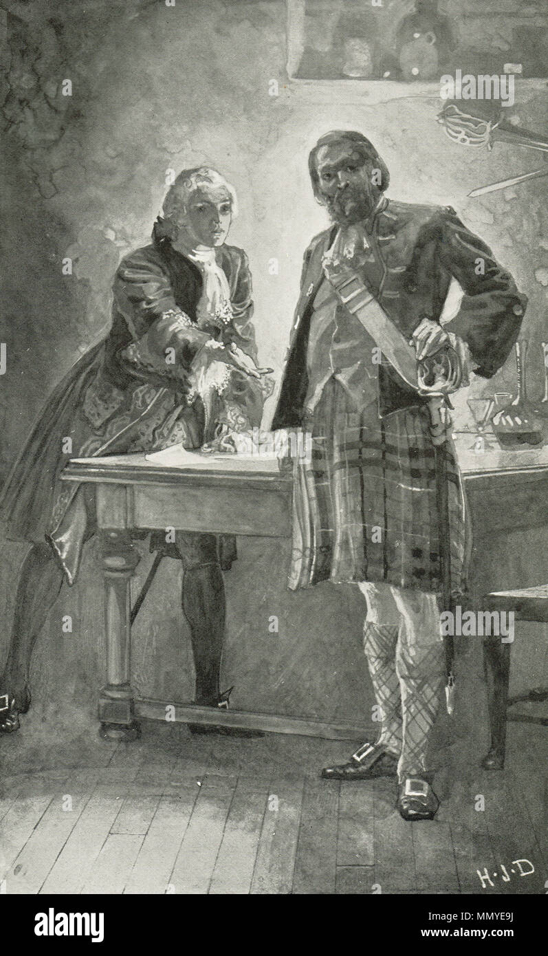 Bonny Prince Charlie appellandosi a Donald Cameron di Lochiel, chiedendogli di unire la sua causa. Il Giacobita di salita 1745 Foto Stock