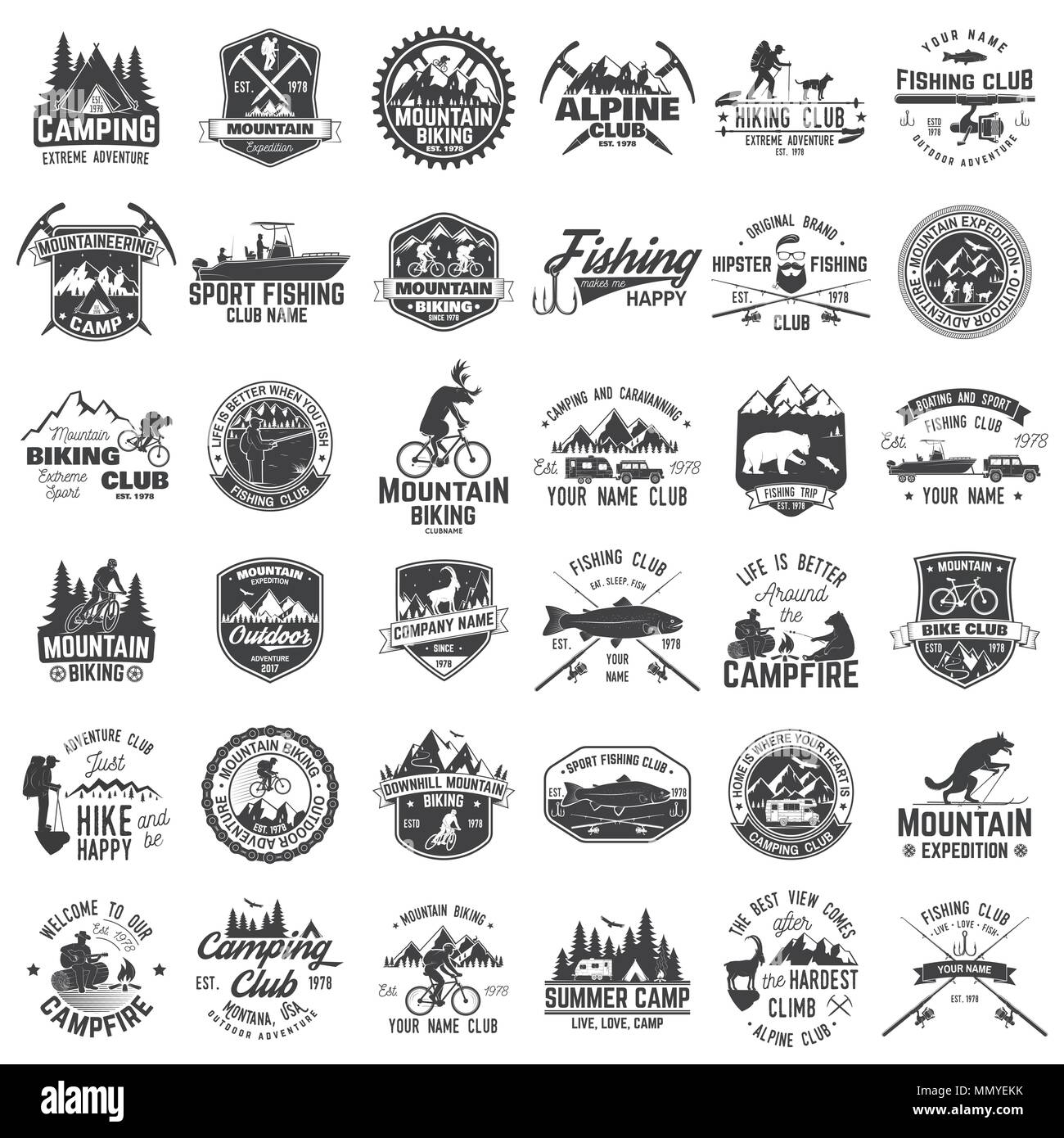 Summer Camp,mountain bike, pesca e club alpino. Illustrazione Vettoriale. Set di badge vintage, etichette, sagome. Tipografia Vintage collection w Illustrazione Vettoriale