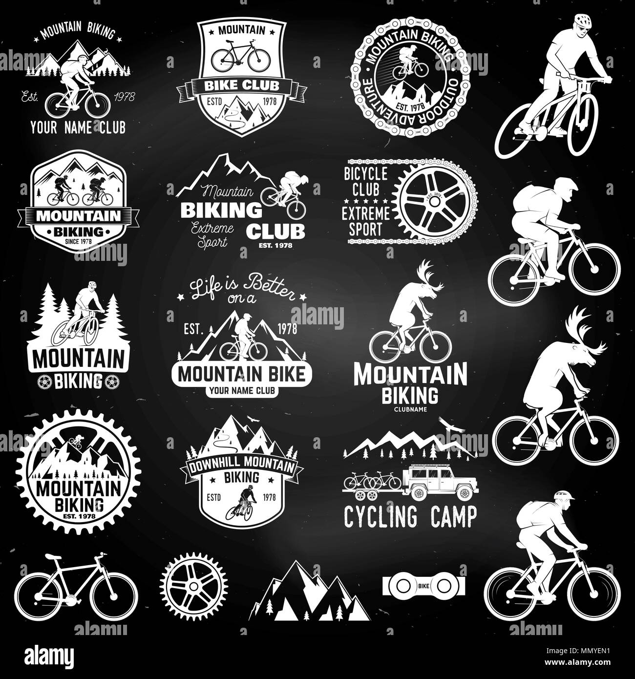Set di Mountain Bike Club collezione. Illustrazione Vettoriale. Concetto di badge di testa, maglietta, stampare il timbro o il turismo in bicicletta. Design con la foresta, moun Illustrazione Vettoriale