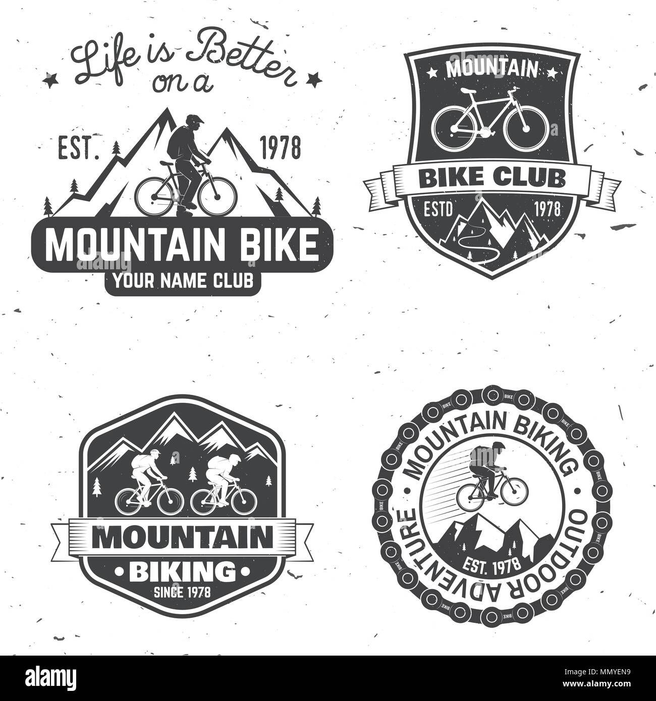 Set di Mountain Bike Club. Illustrazione Vettoriale. Concetto di badge di testa, maglietta, stampare il timbro o il turismo in bicicletta. Vintage design tipografia con ribalta Illustrazione Vettoriale