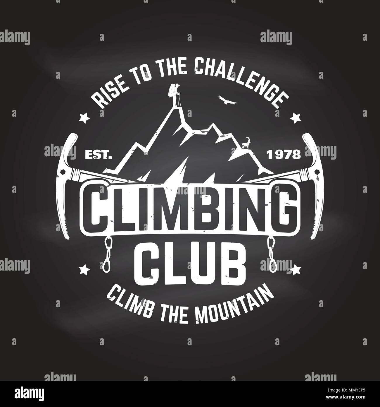 Club di arrampicata badge. Vettore. Concetto di t-shirt, stampare il timbro o il raccordo a t. Vintage design tipografia con ghiaccio ax, arrampicata su roccia e di capra silhouett di montagna Illustrazione Vettoriale