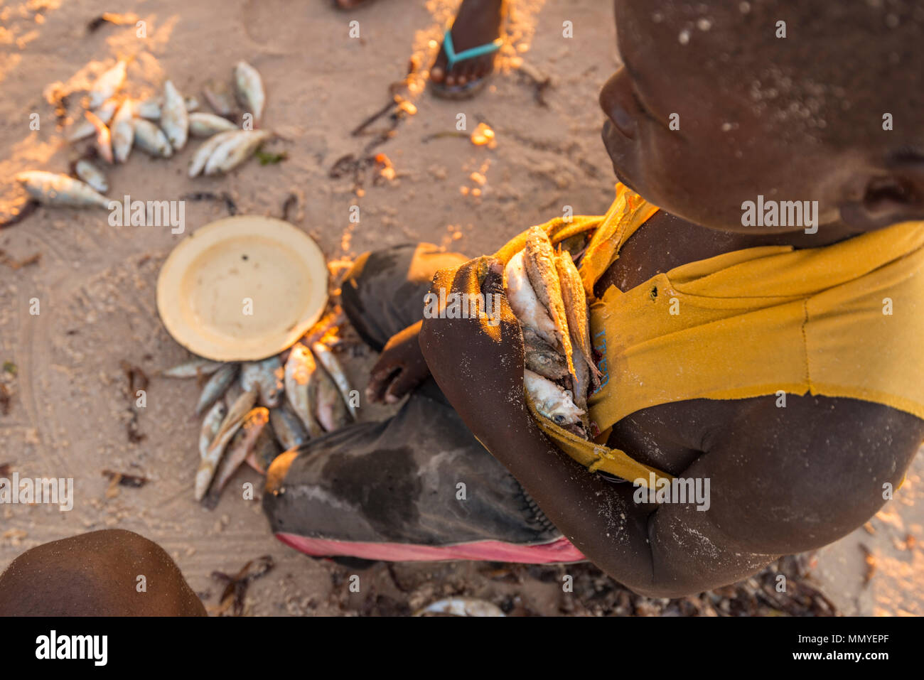 I pescatori locali raccolgono i giorni di cattura in Inhassoro Mozambico. Foto Stock