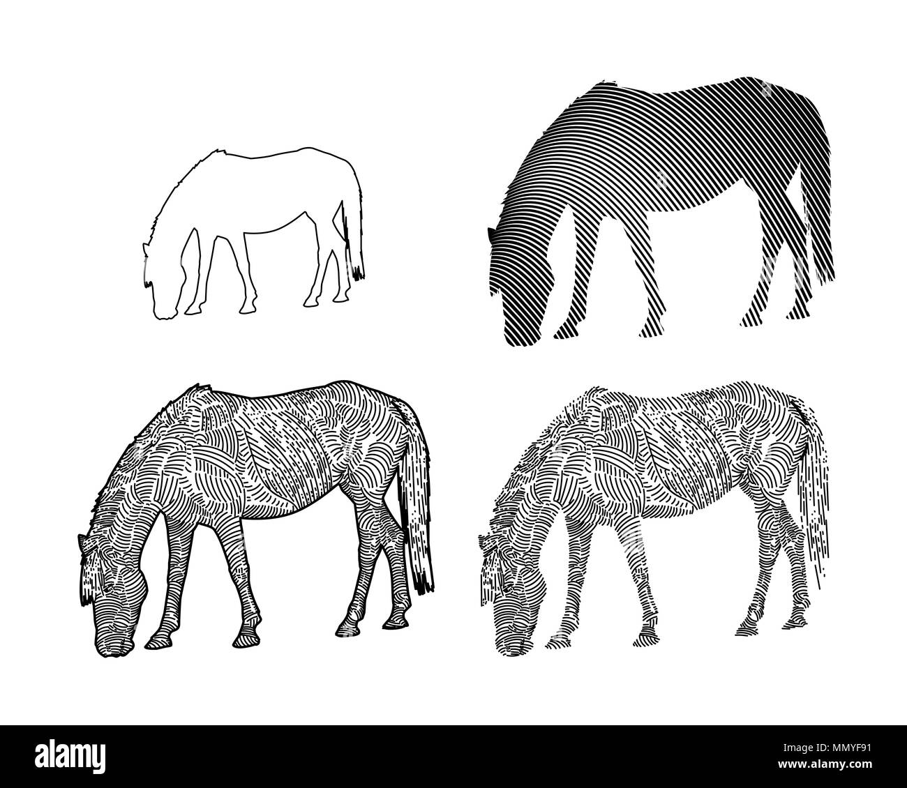 Arte di linea del cavallo di mangiare erba su sfondo bianco, illustrazione vettoriale Illustrazione Vettoriale