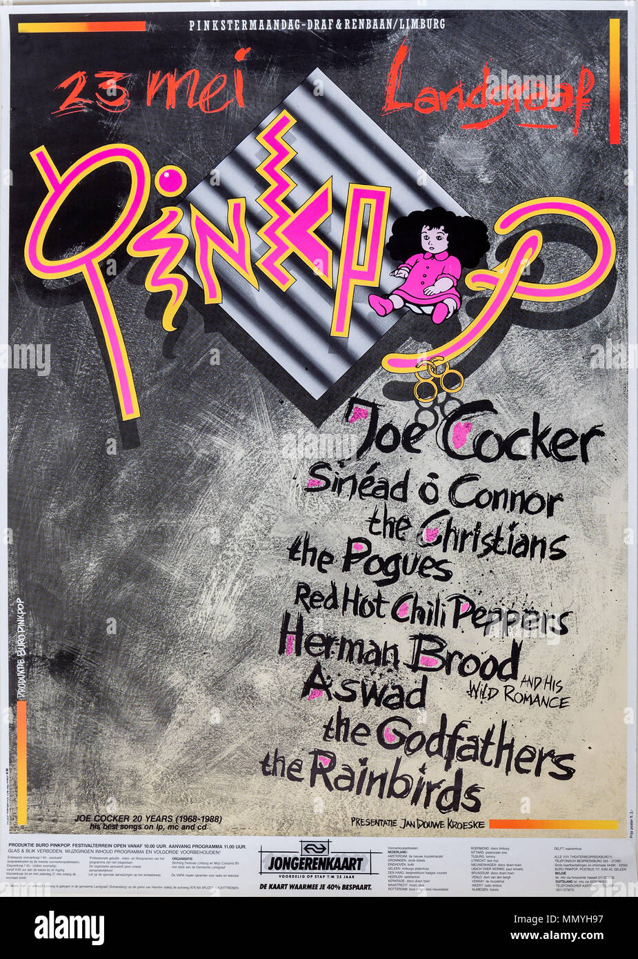 Pink Pop Festival 1988 con Joe Cocker, Sinead o Connor, The Pogues, poster dei concerti musicali, Landgraaf Foto Stock