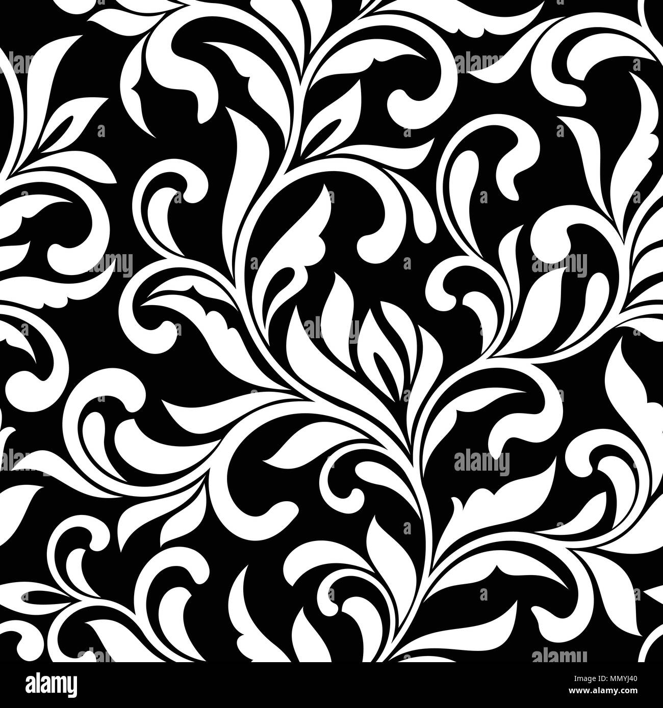 Elegante modello senza giunture. Tracery di volute e foglie decorative su uno sfondo nero. In stile vintage. Esso può essere utilizzato per la stampa su tessuto, wallpap Illustrazione Vettoriale