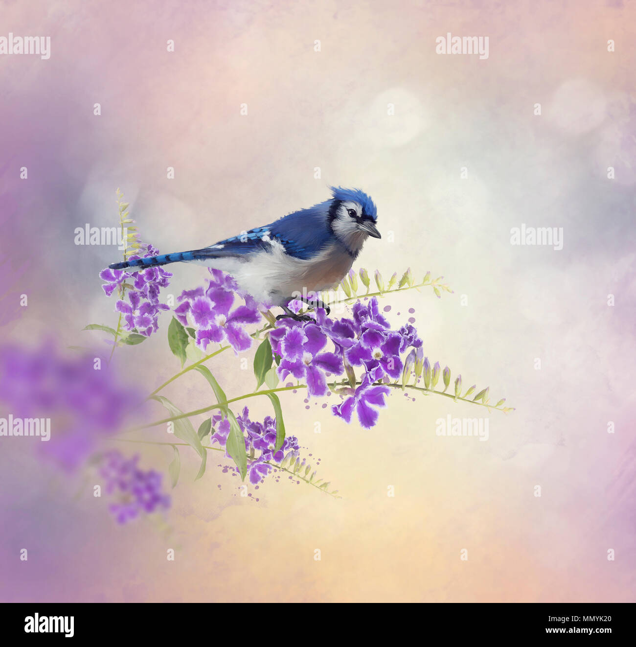 Blue Jay appollaiate su fiori blu di pittura ad acquerello Foto Stock