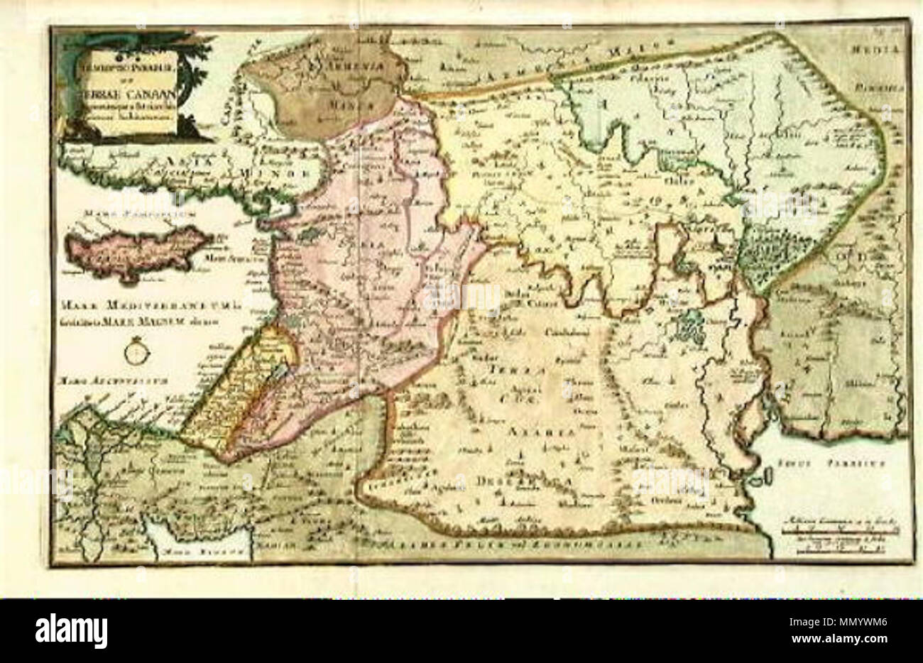 . Descriptio Paradisi et terrae Canaan regionumque un Patriarchis primum habitatarum attraente colorate a mano antica mappa di Canaan, Armenia, Siria, Mesopotamia e Arabia. . 1707. Franciscus (Francois ) Halma Halma. Descriptio Paradisi et terrae Canaan regionumque un Patriarchis primum habitatarum. 1707 Foto Stock