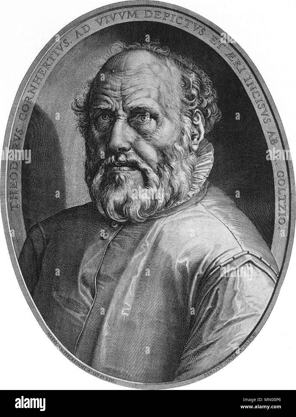 Ritratto di Dirck Volckertsz. Coornhert dettaglio. Tra il 1591 e il 1592. Hendrik Goltzius (1558-1617) nomi alternativi Hendrick Goltius, Hendrick Goltz, Hendrick Golzius, Hendrick van Bracht, Hendricus Goltzius, Henricus Goltzius, Hendrick Gols, Hendrik Gols, Hendrik Goltz, Hendrik Goltius, Henrik Golzius Descrizione incisore olandese, pittore, disegnatore e publisher Data di nascita e morte Febbraio 1558 1 gennaio 1617 Luogo di nascita e morte Bracht, Brüggen Haarlem periodo di lavoro 1577-1617 posizione Lavoro Duisburg (1561) di Haarlem (1577-1590), Italia (1590-1591), Haarlem (agosto 1591-1617) Foto Stock