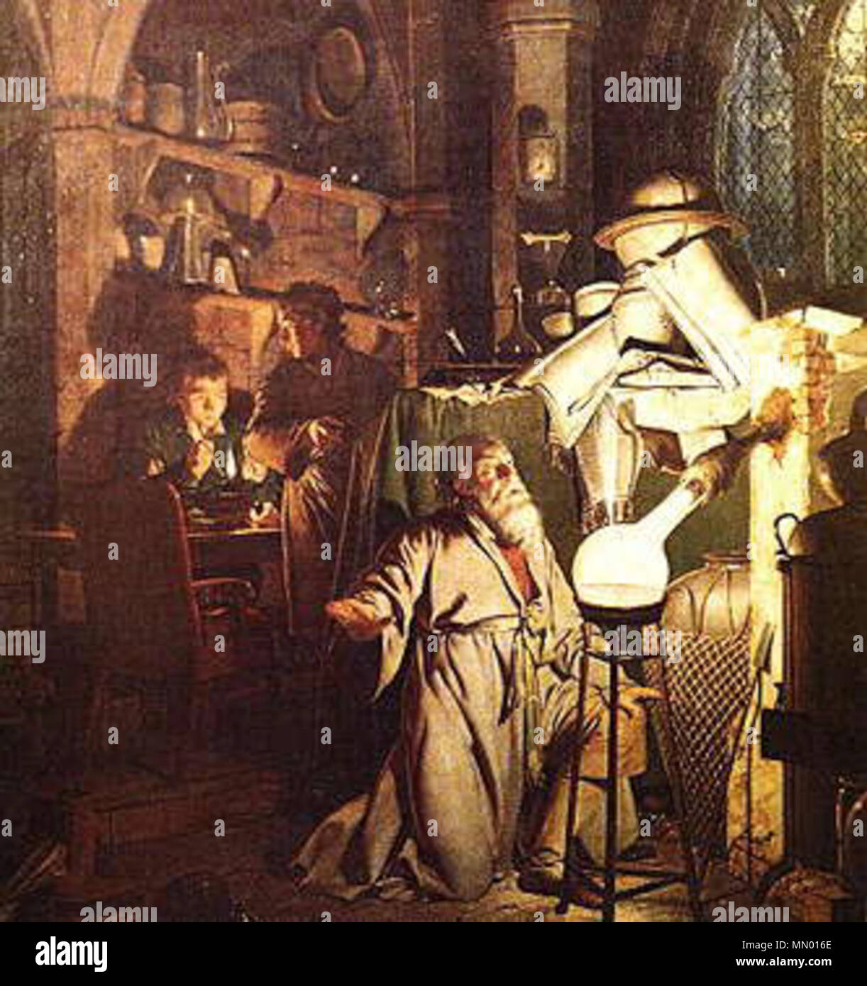 . La pittura illustra la scoperta di fosforo da Hennig Brand nel 1669. L'Alchimista in cerca della pietra filosofale. 1771. Hennig Brand (Joseph Wright) Foto Stock