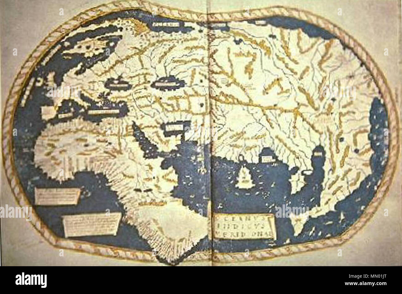 . Inglese: la mappa del mondo di 'Henricus Martellus Germano" (Heinrich Hammer il tedesco), Firenze 1490-92. La prima mappa con la coda di drago. Si tratta di una miscela di Tolomeo, recenti scoperte portoghese e fonti sconosciute. Visualizza il Capo di Buona Speranza, arrotondata da Bartolomeo Dias nel 1488. Deutsch: Weltkarte des de:Henricus Martellus Germano . 1489. Tolomeo (???????? ??????????, Claudius Ptolemaeus) Henricus Martellus Germano Wirkungsjahre (1480-1496) Foto Stock