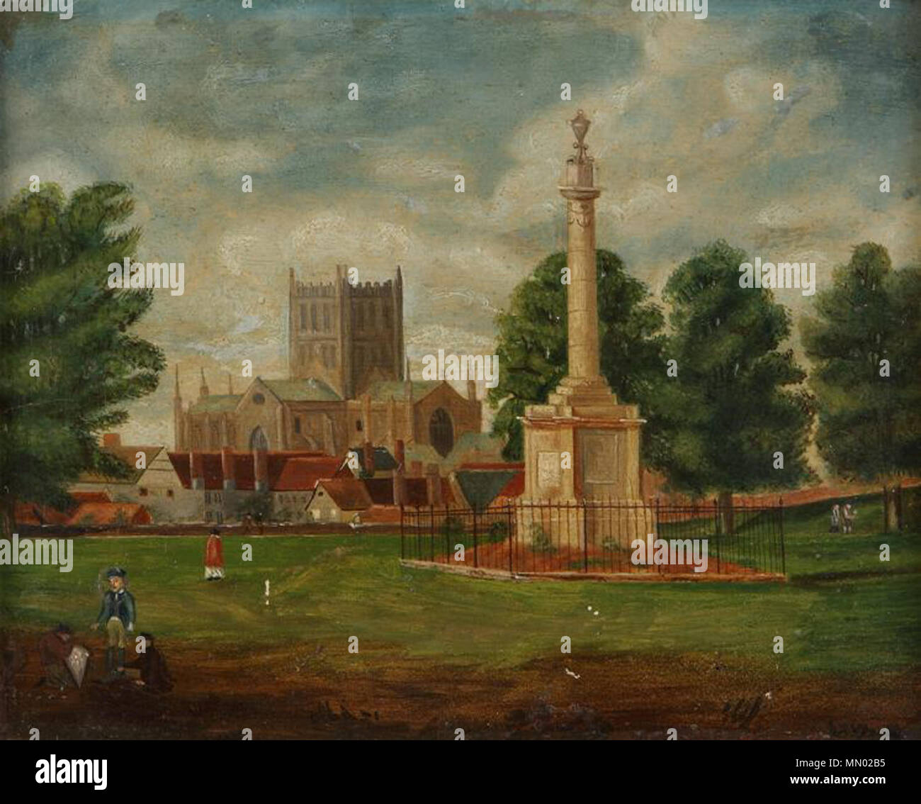 . Русский: Неизвестный автор начала XIX века. La cattedrale, con Hereford's Nelson-meno colonna in primo piano из собрания Hereford Museo e Galleria d'arte (изображена на картине Томаса Лиминга 'Херефордский шахматный клуб') . Il 14 dicembre 2016. ??????????? ????? ?????? XIX ???? Hereford Museo e Galleria d'Arte 6862 Anon Hereford Cathedral e Monumento Nelson Foto Stock