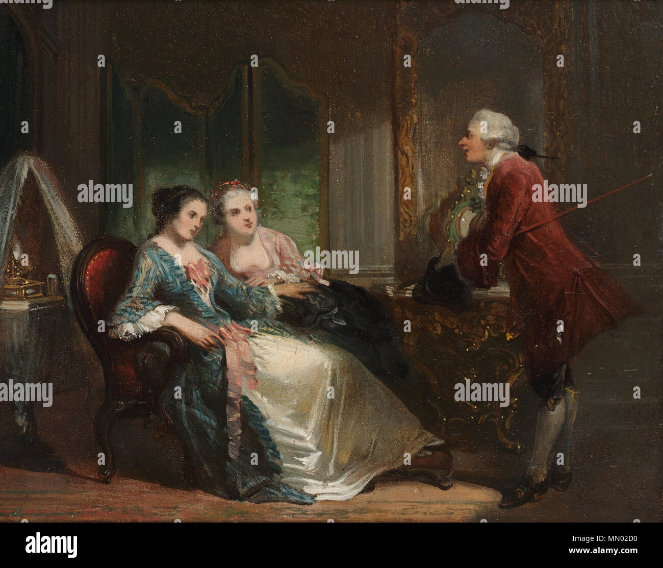 . L'accompagnatore, firmata e datata "H. Ten Kate f58' (inferiore destro), olio su pannello 15 x 19 cm . 1858. Herman Ten Kate il chaperone Foto Stock