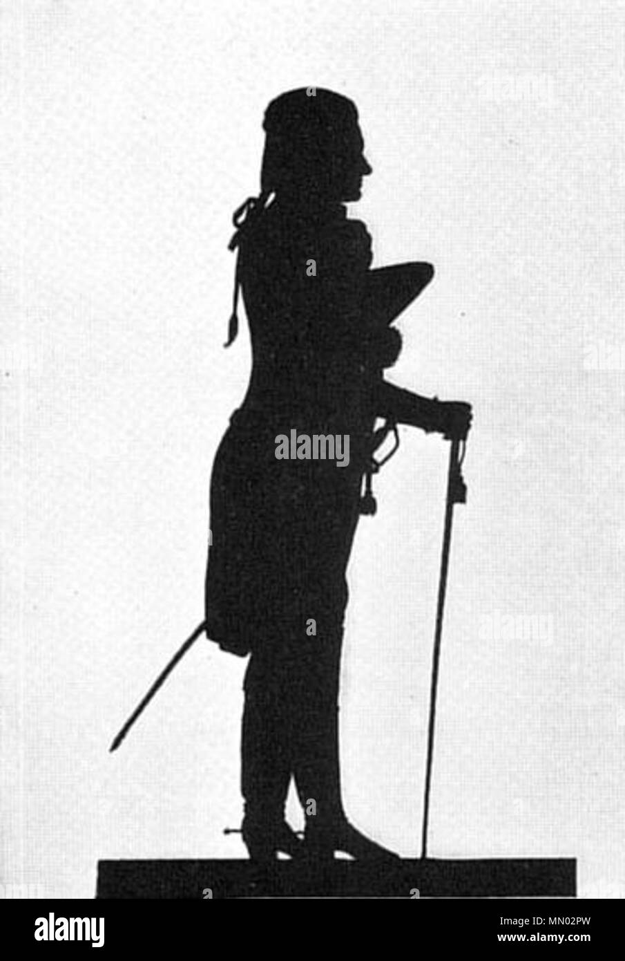 . Deutsch: Herzog Carl August von Sachsen Weimar Die für das letzte Viertel des 18.Jahrhunderts charakteristische forma des Porträts ist die des Schattenrisses, die in den achtziger Jahren ihre Blüte erreichte. Der Hauptsilhoutteur Weimarer des Kreises war wohl Starke, dem auch die Reihe der hier wiedergegebenen ganzfigurigen Schnitte zuverdanken ist. Die Persönlichkeiten sind schon früher genannt. Sämtliche Schattenrisse waren 1932 im Besitz der Sammlung Kippenberg, mit Ausnahme der Frau von Stein und Knebel, die 1932 im Besitz des Nationalmuseums Goethe a Weimar waren. . Circa 1780. Starke, Foto Stock