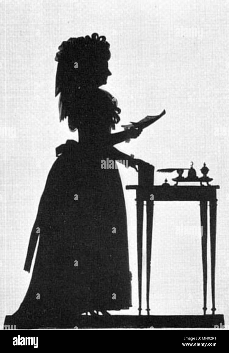 . Deutsch: Herzogin Anna Amalia von Sachsen-Weimar Die für das letzte Viertel des 18.Jahrhunderts charakteristische forma des Porträts ist die des Schattenrisses, die in den achtziger Jahren ihre Blüte erreichte. Der Hauptsilhoutteur Weimarer des Kreises war wohl Starke, dem auch die Reihe der hier wiedergegebenen ganzfigurigen Schnitte zuverdanken ist. Die Persönlichkeiten sind schon früher genannt. Sämtliche Schattenrisse waren 1932 im Besitz der Sammlung Kippenberg, mit Ausnahme der Frau von Stein und Knebel, die 1932 im Besitz des Nationalmuseums Goethe a Weimar waren. . Circa 1780. Herz Foto Stock