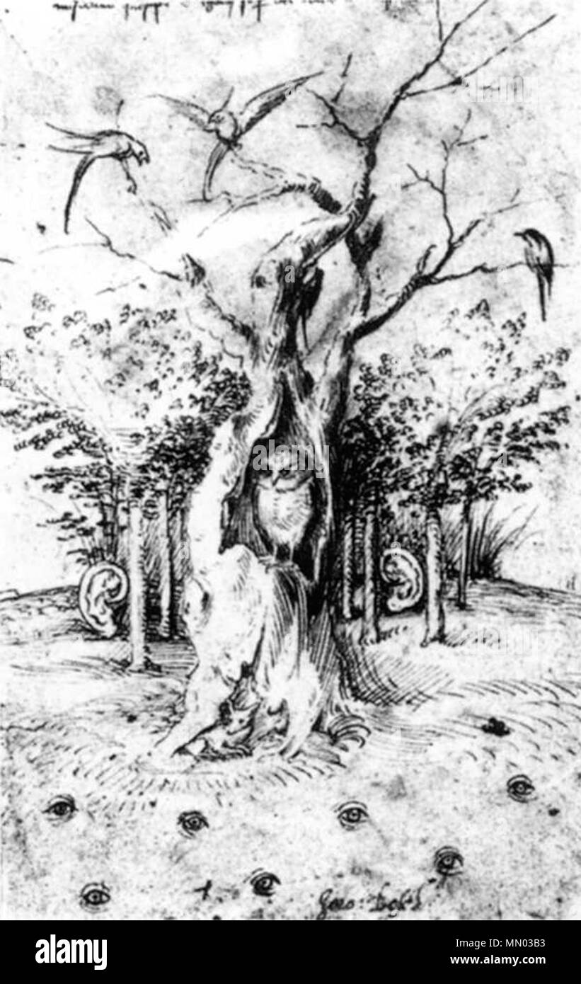 . Parte anteriore del fronte/retro di un disegno. Per la retromarcia, vedere File:i boschi che sente e vede Bosch (retromarcia).jpg. La foresta che sente e il campo che vede. circa 1500. Hieronymus Bosch - La foresta di udito e visto il campo - WGA02626 Foto Stock