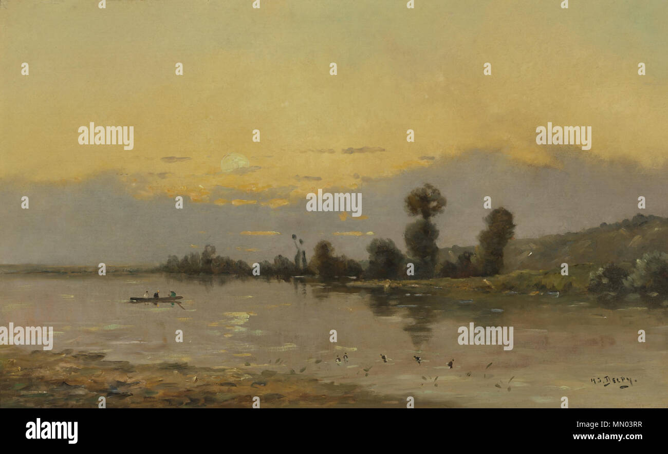 La vista sul fiume al tramonto con figure in una barca Hippolyte Camille Delpy - Une vue sur le fleuve au coucher du soleil Foto Stock